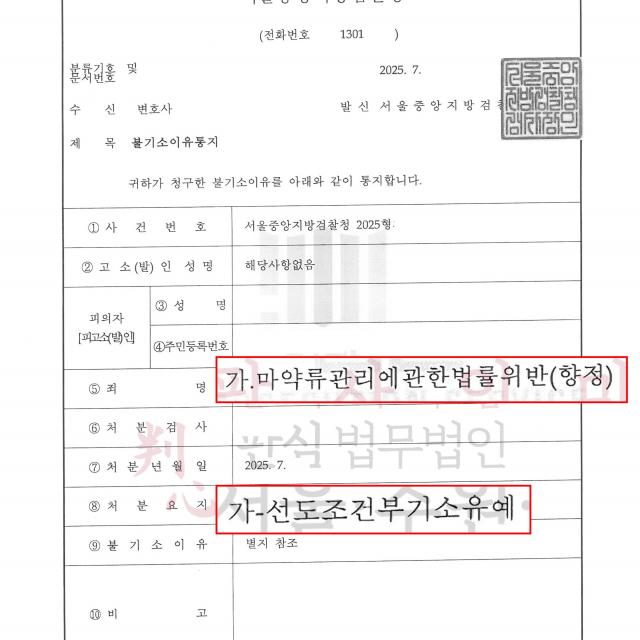 [불기소] 마약향정 | 휴대폰 채팅 어플을 통해 마약 향정 혐의 남성의 변호해 불기소